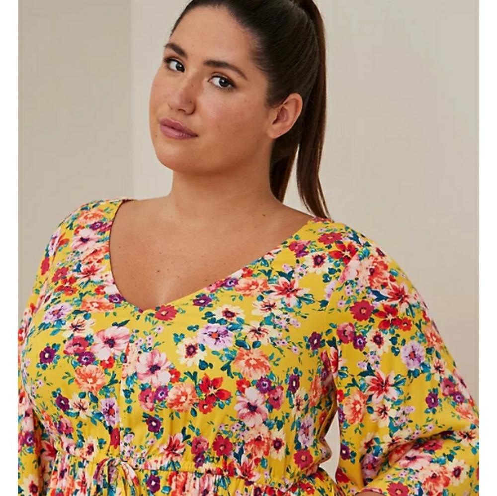 HOST PICπ Torrid Marigold Yellow Floral Stretch Challis Babydoll Dress - Picture 2 of 5